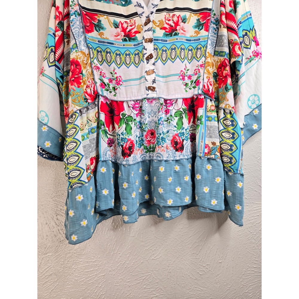John Mark Floral Patchwork Blouse L Multi Color Relaxed Eclectic Boho Artsy Top - Picture 5 of 13